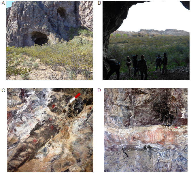 Cueva del León: (A) vista del sitio; (B) panorámica del valle desde el interior de lacueva; (C) puntos rojos parcialmente obliterados por patina; (D) detalle del soporte con pinturaroja a modo de “guardas”.